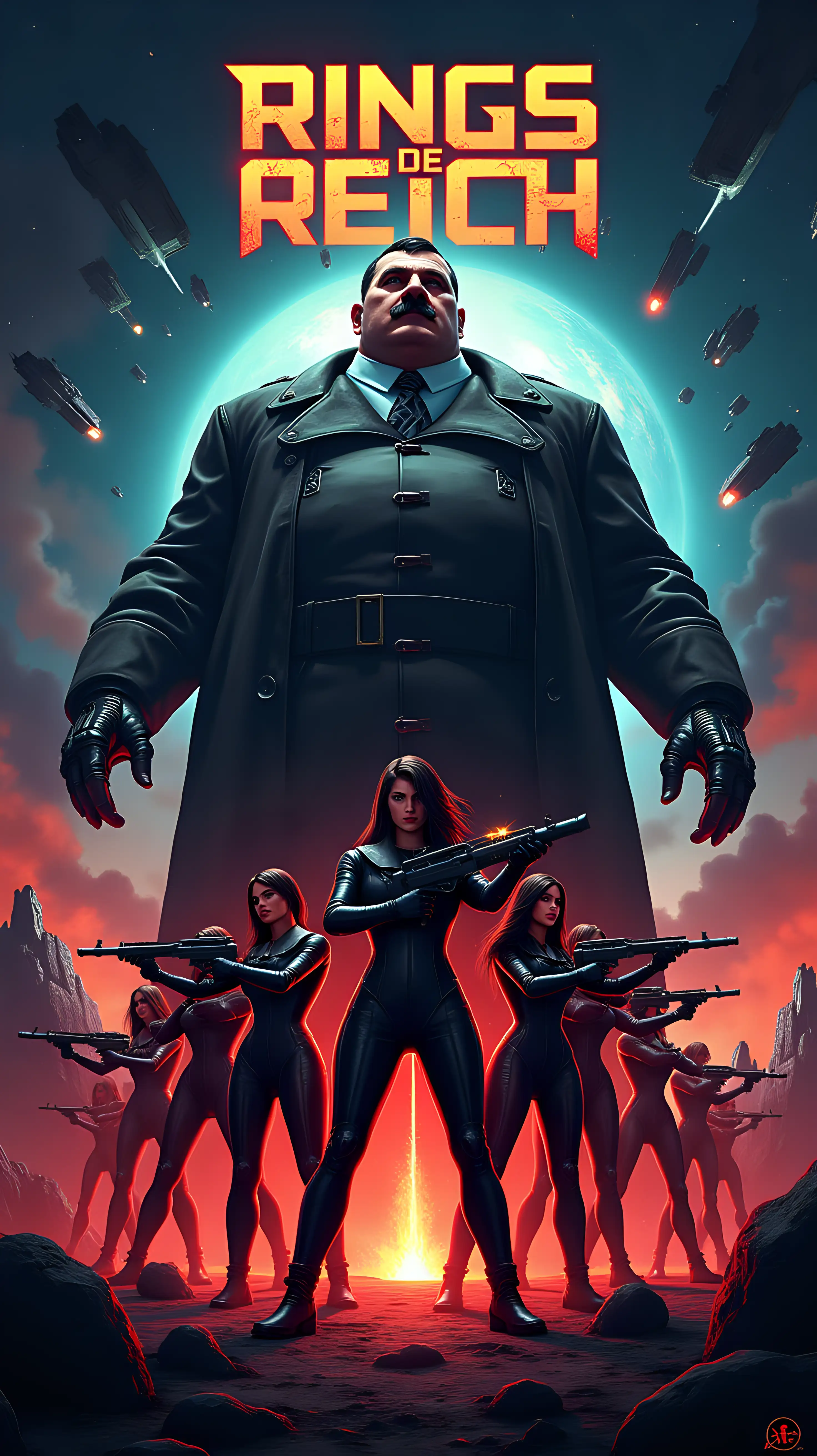 Design a vibrant, dramatic sci-fi poster for a space opera titled Rings of the Reich: Seeds of Chaos. The artwork should feature a dark, fortified asteroid base (Facility 42) glowing with eerie lights, surrounded by treacherous asteroids disguised as mines. In the foreground, showcase Heavy Hitler—a bloated, maniacal figure that looks like an obese adolf hitler in a futuristic armored hover-throne, his piercing eyes filled with ambition. He should loom menacingly over his creations: mischievous humanoid millitary Squirrels wielding plasma pistols and wearing a tiny sparking jetpack, a group of sleek Sexy dark haired women in black bodysuits, striking synchronized combat poses. The background should depict a chaotic, star-filled galaxy with a looming threat of battle—explosions, rival ships, and a shattered Federation emblem. Highlight a tagline like, 'In a galaxy teetering on chaos, genius and madness collide.' Use bold, retro-futuristic typography for the title and tagline, blending a sense of adventure with a dark comedic tone. Ensure the colors are rich and vibrant, emphasizing deep blacks, glowing reds, and metallic silvers to reflect the tone of the story.