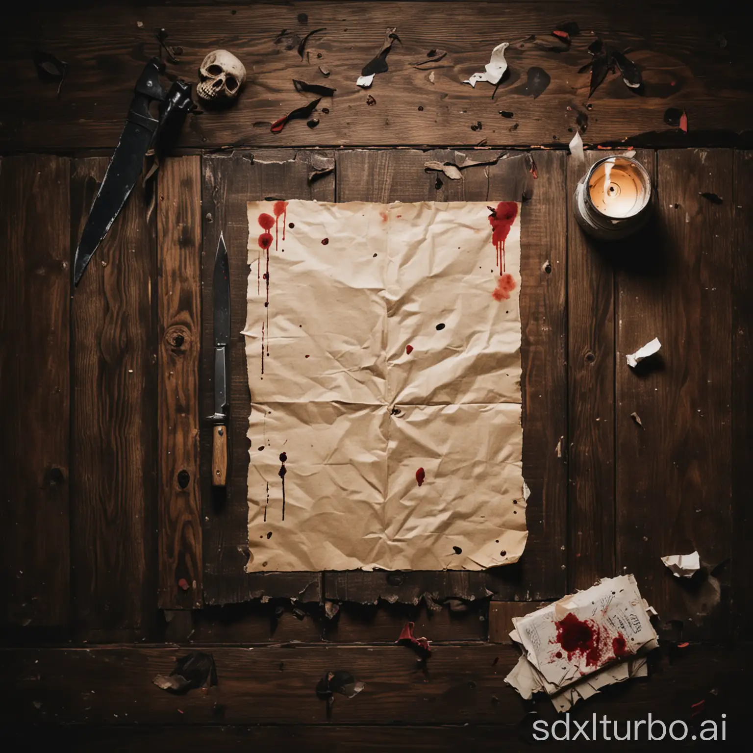 Spooky-Scene-on-a-Wooden-Desk-with-Empty-Document-and-Bloodied-Knife