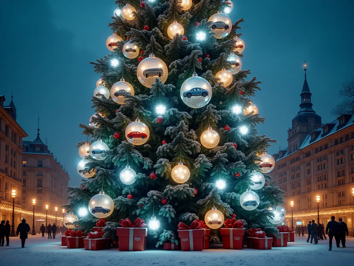 a large, elaborately decorated Christmas tree, on the branches of which hang bright New Year decorations in the form of Stelkian balls, inside each of which is a car of an existing brand (AUDI, BMW, MERCEDES, LAND ROver), with sparkling headlights. This is the general plan, the tree is visible in full growth. Video with sky and snow-covered ground. There are buildings in the background, there are big gifts at the foot of the Christmas tree, people walk and cars drive. The tree is huge. Cinematic and realistic style, it's snowing. Ultrarealism.large glass balls with cars inside them hang on the branches of the fir tree. cars inside the balls