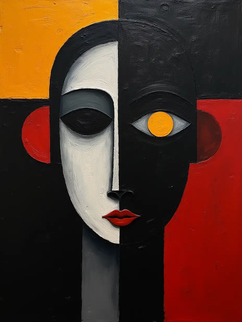 A picture in a checkered pattern, stripe, primitively schematic, minimalism, avant-garde, face, portrait, huge looming eye, shadow, plasma, darkness in the style of Kandinsky, Malevich, minimize for beginning artist acrylic many colors, constructivism abstract, gloomily