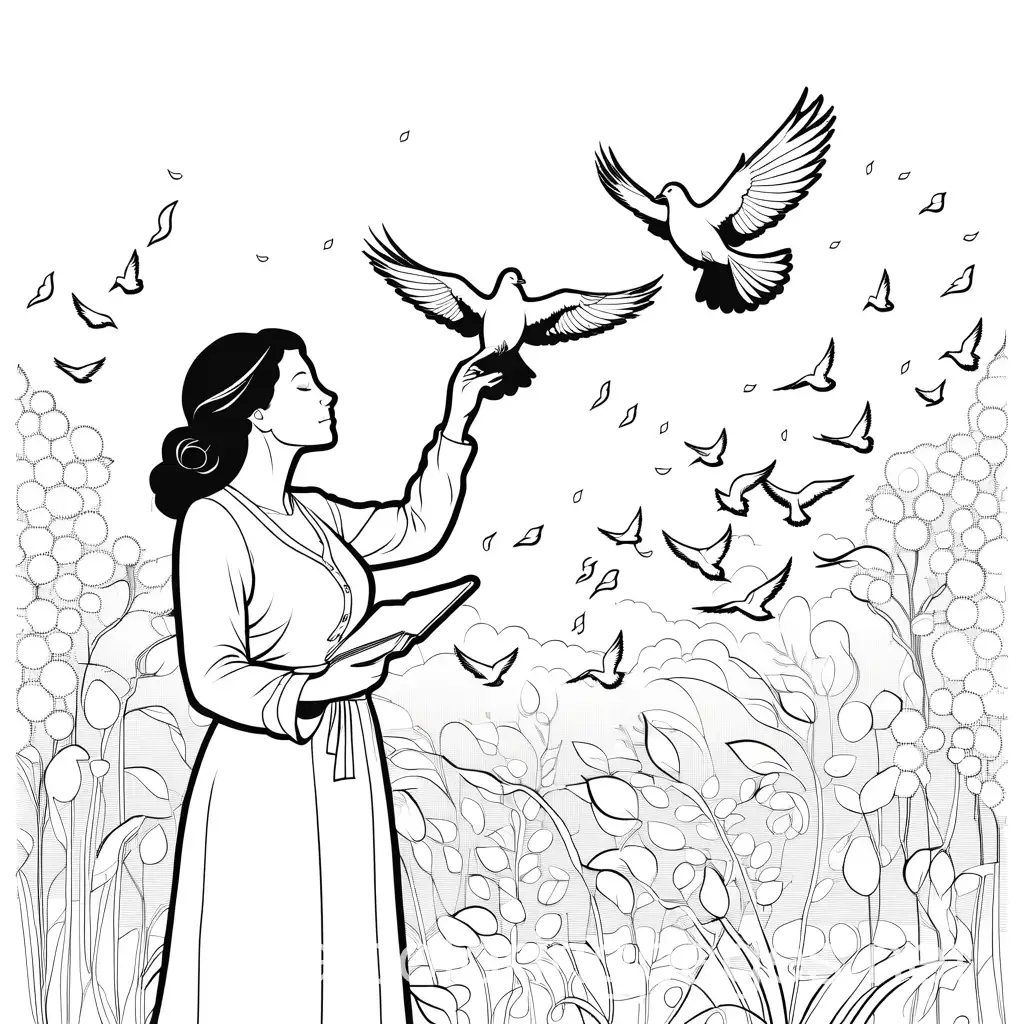 Women-Teacher-Releasing-a-Pigeon-Black-and-White-Coloring-Page