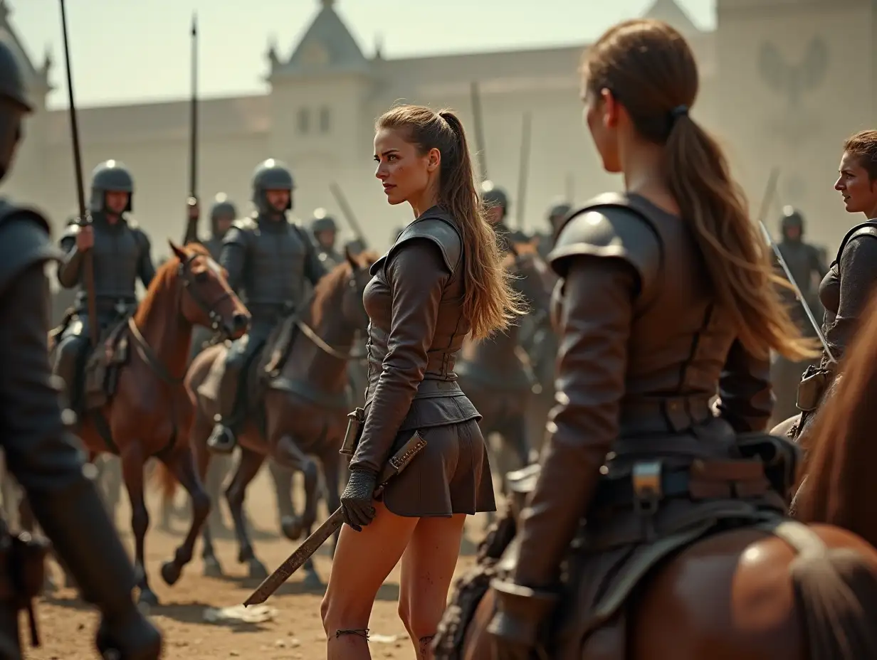 An epic scene in 17th century featuring a group of gorgeous and beautiful warrior women, in leather outfit, short skirts, ponytails, wounded, dirty, in a battle with a hussar army, background of riders in armor, in front fierce clash between women and soldiers, castle square, bright day, moody lighting, best quality, realistic, action, full motion, movement, expression, intricate details, back wide cinematic view, depth of field.