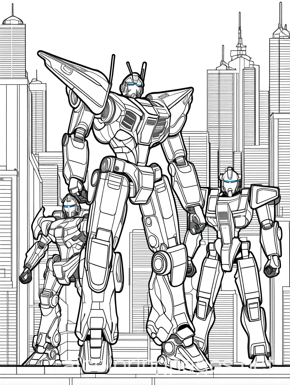 Anime-Style-Robots-Posing-with-Kid-Pilot-Coloring-Page