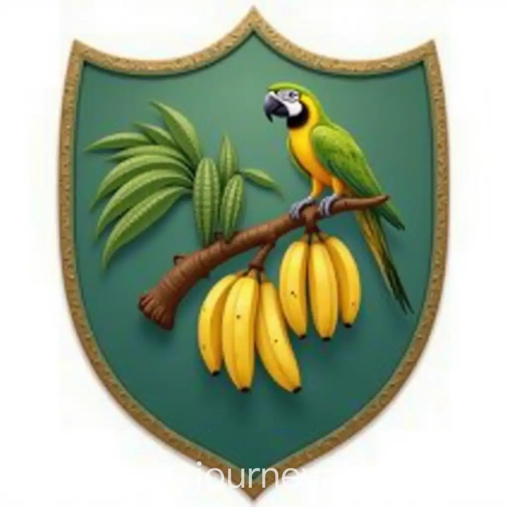 Military-Macaw-Perched-on-Cocoa-Branch-with-Ripe-Fruits-and-Bananas-Shield-Design