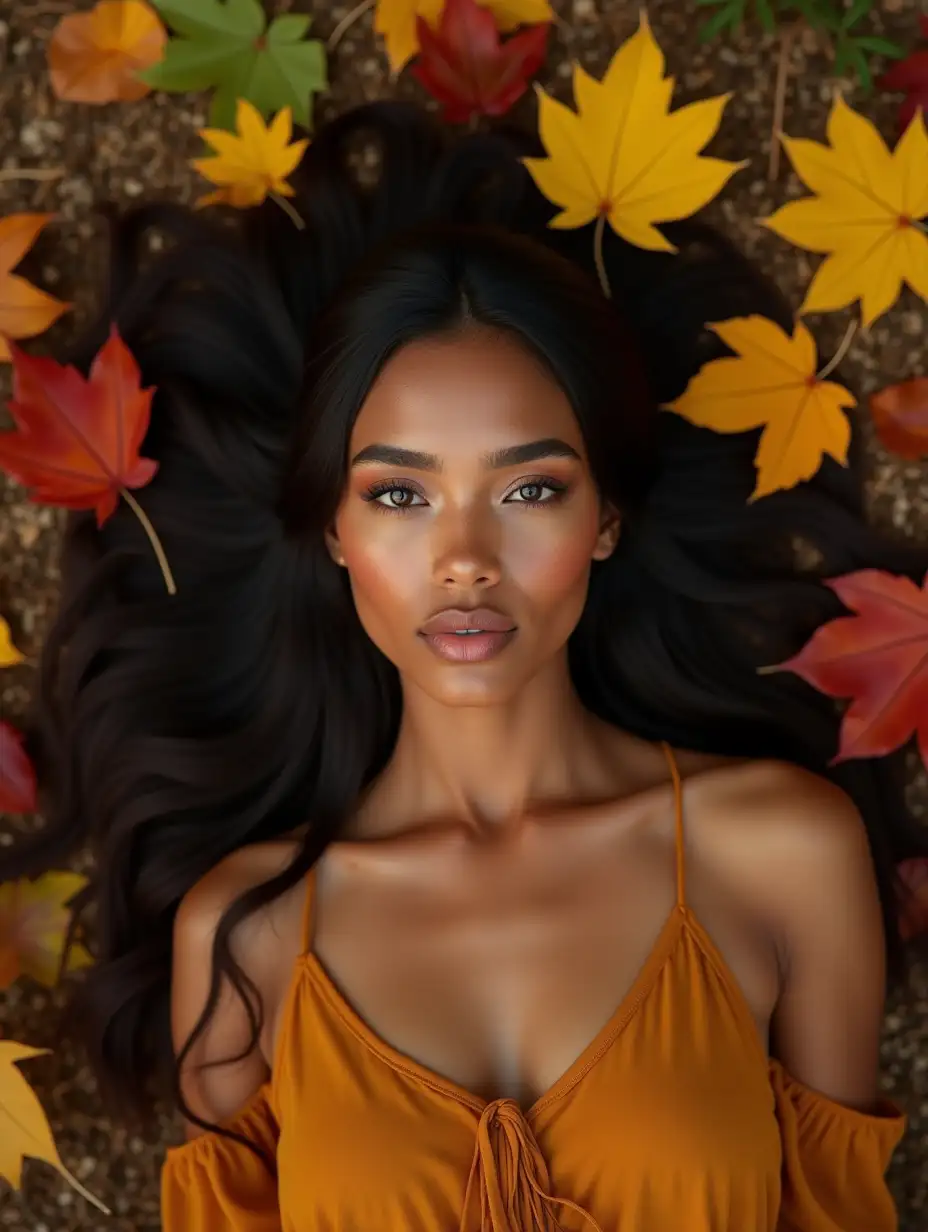 Generate an image of an extremely beautiful Indigenous American model lying gracefully among a vibrant swirl of autumn leaves in shades of yellow, red, green, and brown, some fresh and some dry, creating a dynamic, swirling pattern around her. She has striking features—high cheekbones, deep-set eyes, and long, flowing hair (black or dark brown)—reflecting her Indigenous heritage, with warm, radiant skin rendered in hyperrealistic detail, showing subtle textures like pores and a natural glow. She’s dressed in a simple, elegant outfit, such as a flowing dress or natural fabrics in earthy tones, blending harmoniously with the leaves. The background is softly blurred, featuring a forest floor or natural setting, evoking a serene, earthy atmosphere. Capture the scene in a hyperrealistic style, as if photographed with a Lensbaby Twist 60 lens at f/2.5, delivering a dreamy, swirling bokeh effect that emphasizes the swirl of leaves and keeps the model in sharp, twisting focus, with a warm, natural lighting that enhances the colors and textures of both her skin and the foliage. No nude in image