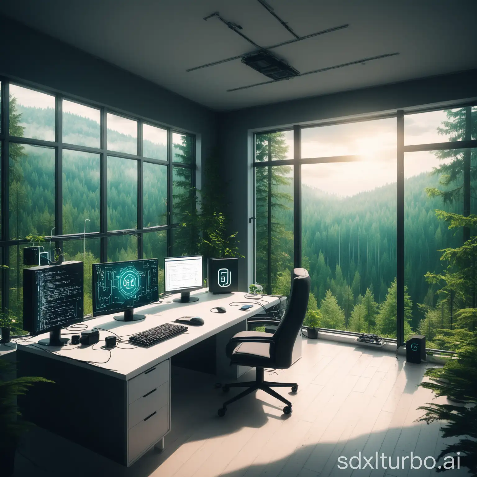 A modern room of a person that loves programming and building IoT devices with a forest outside the window