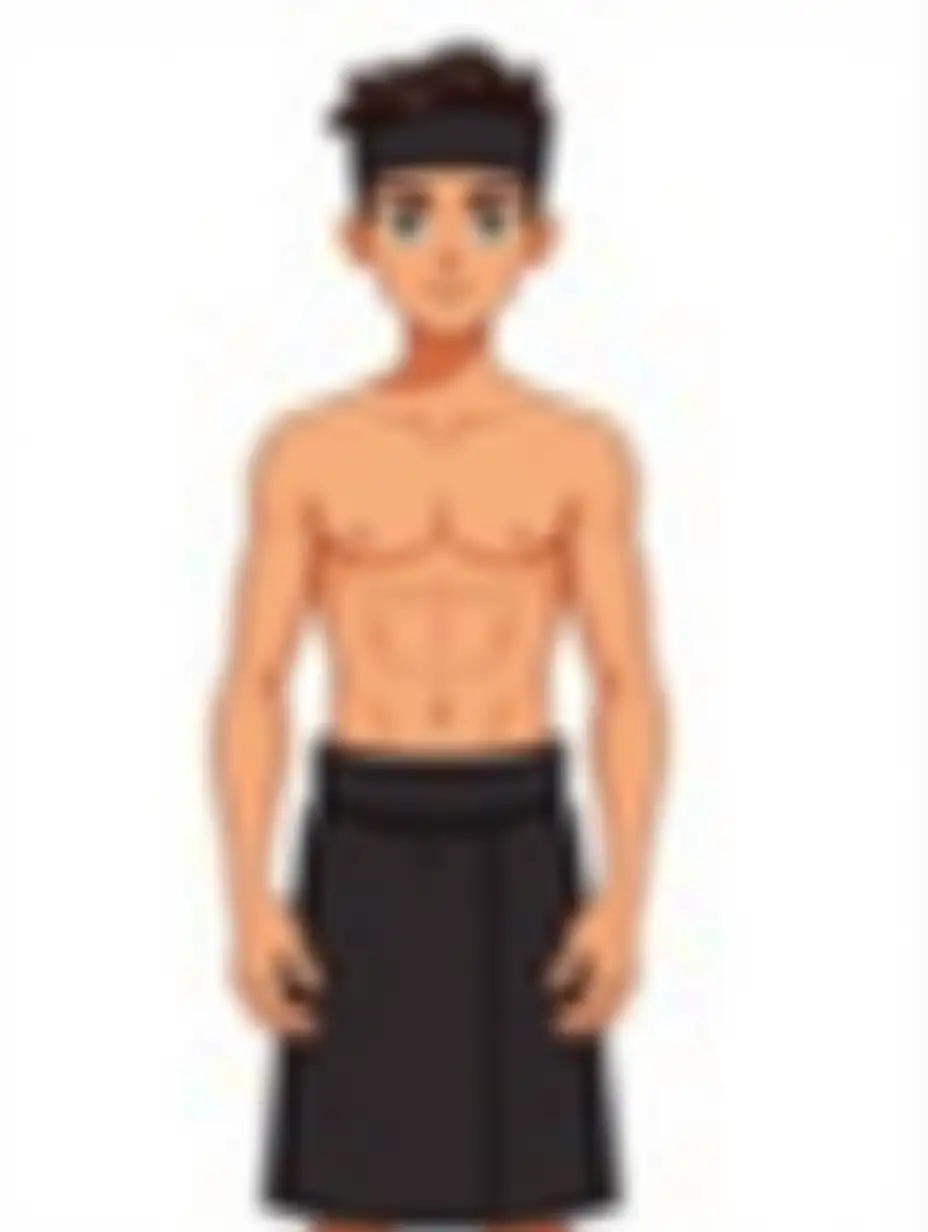 cartoon image of an 18 year old man, very handsome, bare chested, with a black traditional Indonesian headband, black traditional Indonesian short cloth, white background