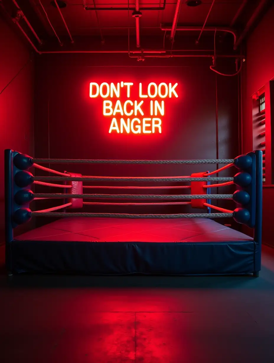 Create a photo of inside a UK boxing gym which has a boxing ring in the centre of it. At the rear of the gym, there is a large red neon sign hanging at the top of the image, which says: "DON'T LOOK BACK IN ANGER". All the electrical connections to the neon are clearly visible.