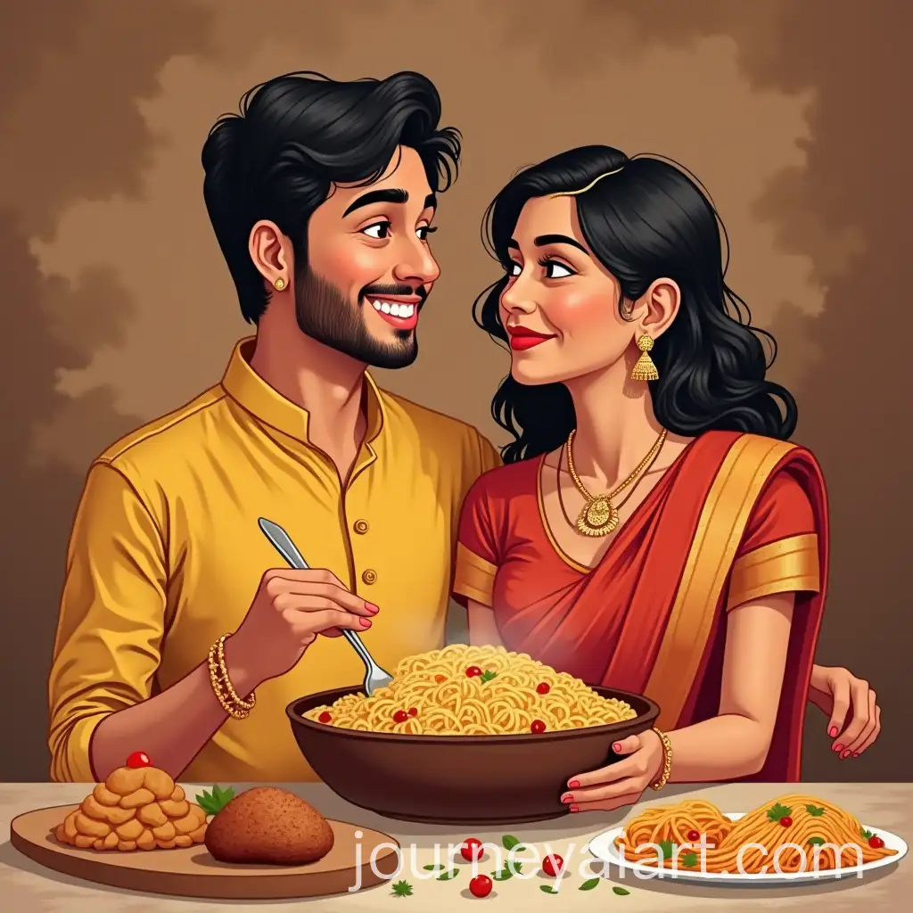Couple-Enjoying-Biryani-in-Traditional-Indian-Attire