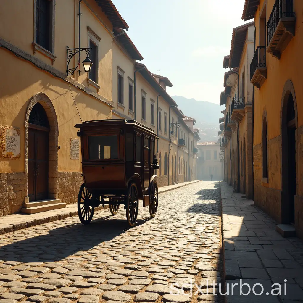 carriage with wheels on cobblestone streets in the 13th century, with sun and clear sky.