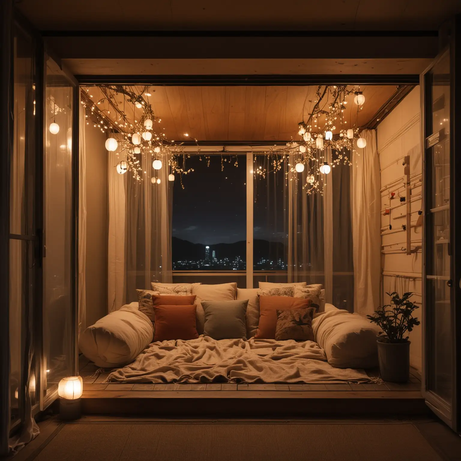 Futuristic-Balcony-with-Love-Seat-and-Japanese-Lanterns-at-Night