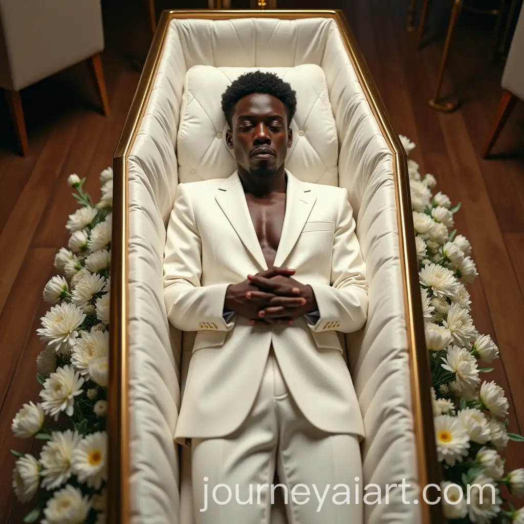 Luxurious-White-Coffin-with-Gold-Trims-in-ModernAI-Image-Expansion-Living-Room-Surrounded-by-White-Flowers