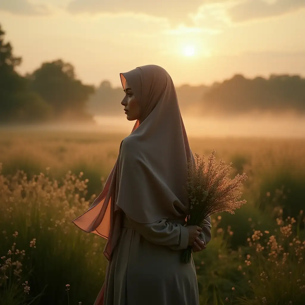 Serene-Woman-in-Hijab-Surrounded-by-a-Magical-Dusk-Landscape