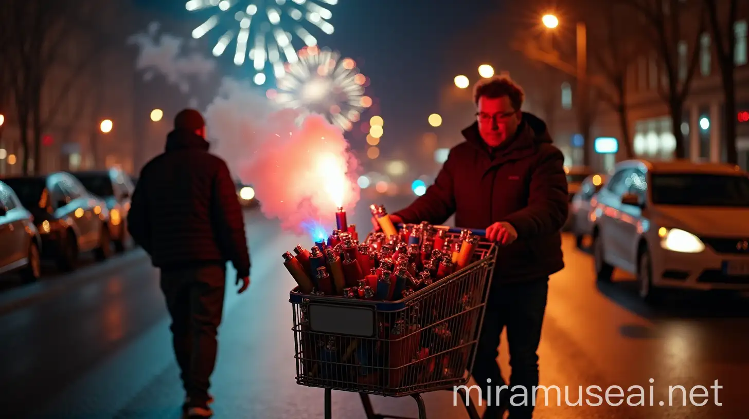 New Years Eve Street Vendor with Assorted Lighters and Fireworks