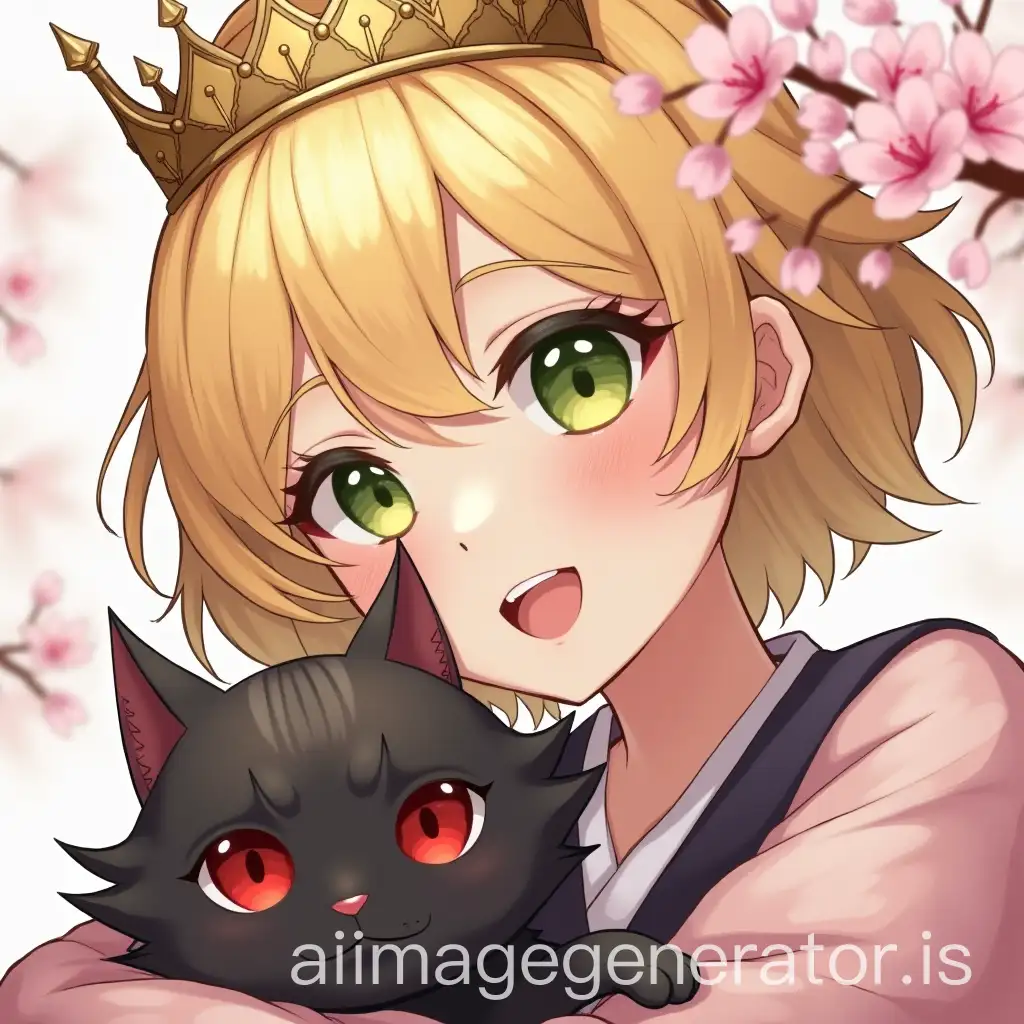 image of a blonde woman with short hair and green eyes wearing a gold crown with a black cat with red eyes also wearing a gold crown with sakura flowers