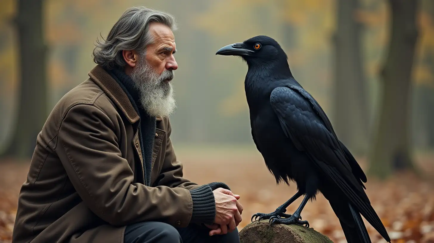 Man Contemplating Life with Raven in Moonlit Forest