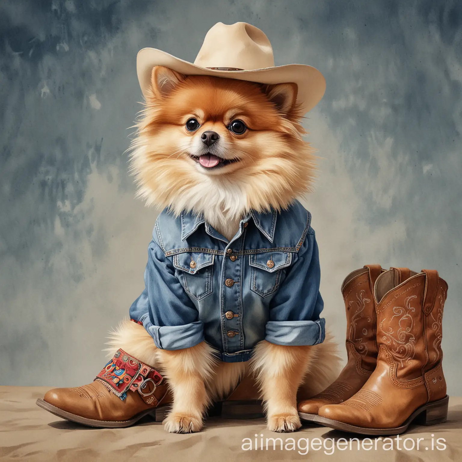 pomeranian dog western clothes with western boots and hats with denim pants with denim shirt with your standing position and watercolor painting