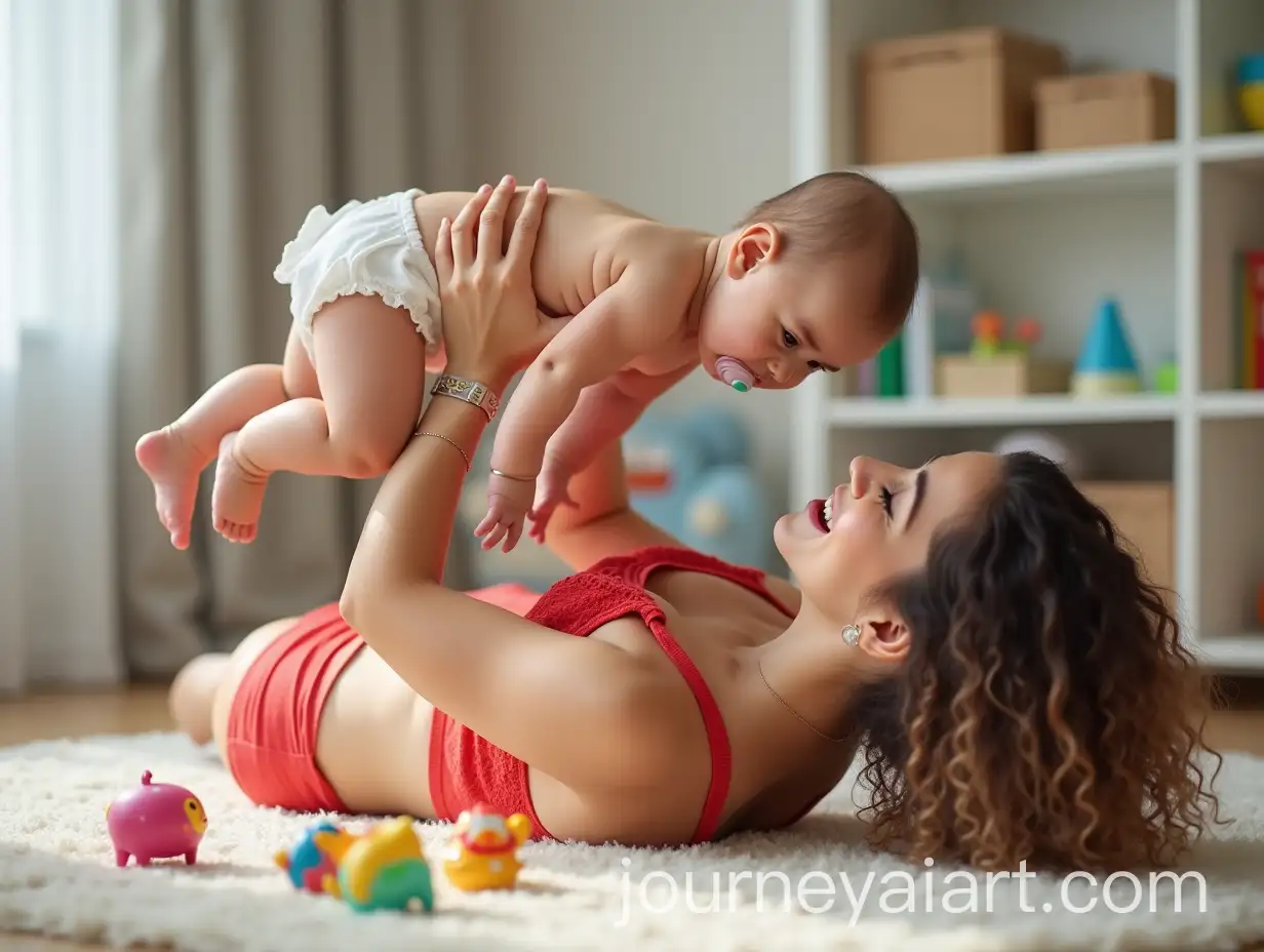 Persian-Mother-Playfully-Lifting-Baby-Boy-in-Colorful-Nursery-Setting