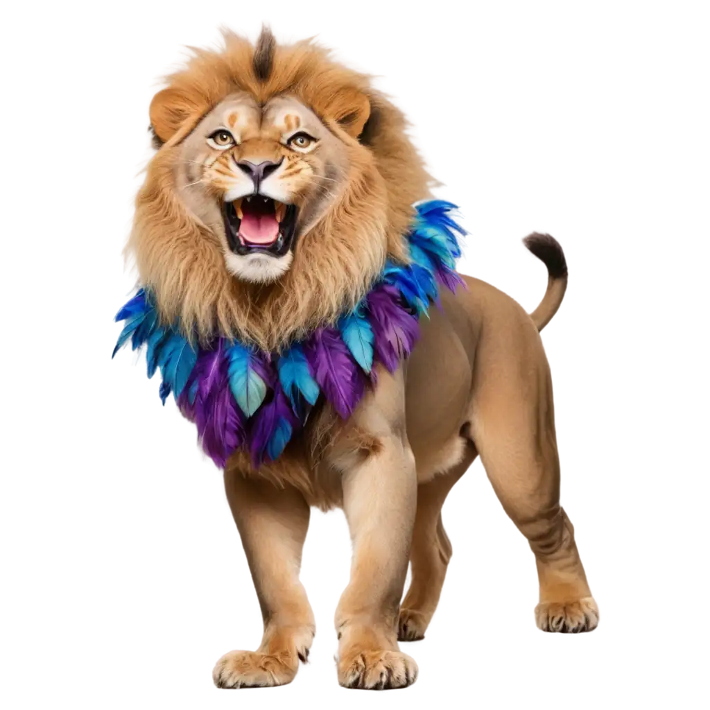 A macro, detailed image of Happy adult lion wearing blue and purple feathers and with front paws in the air in excitement and triumph with an out of focus background. The portrait is realistic with studio lighting.