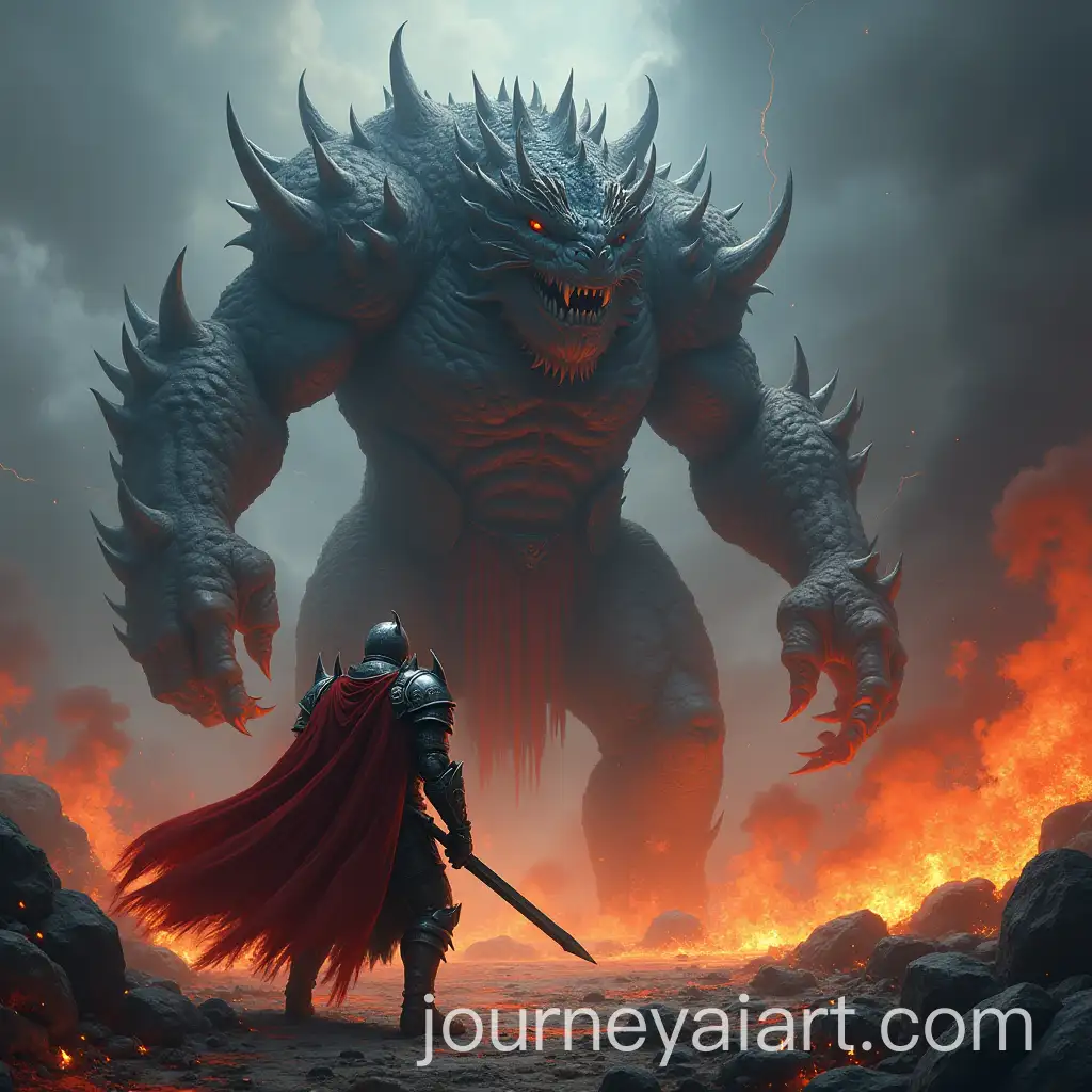 Fierce-Warrior-Battling-a-Giant-Monster-Near-a-Volcanic-Eruption