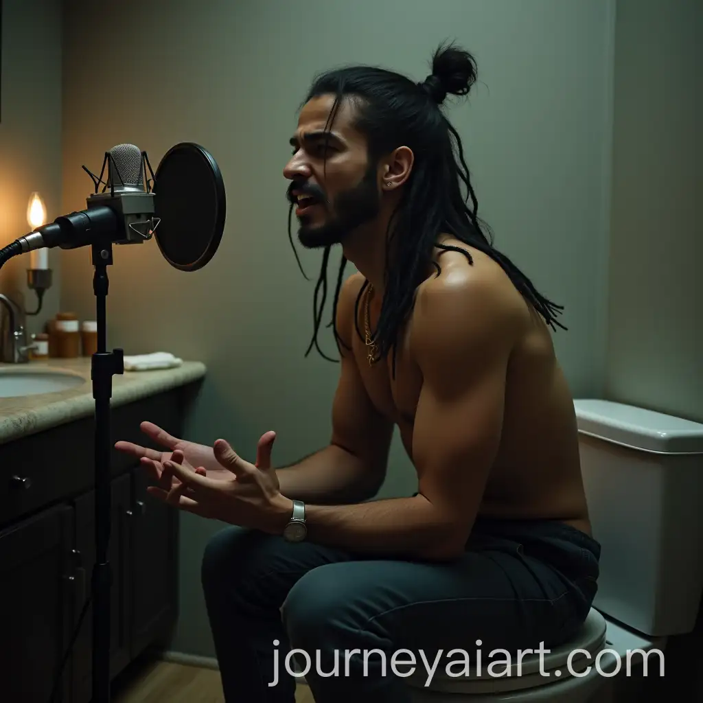 Arab-Musician-Recording-a-Song-in-a-Unique-Music-StudioBathroom-Setting