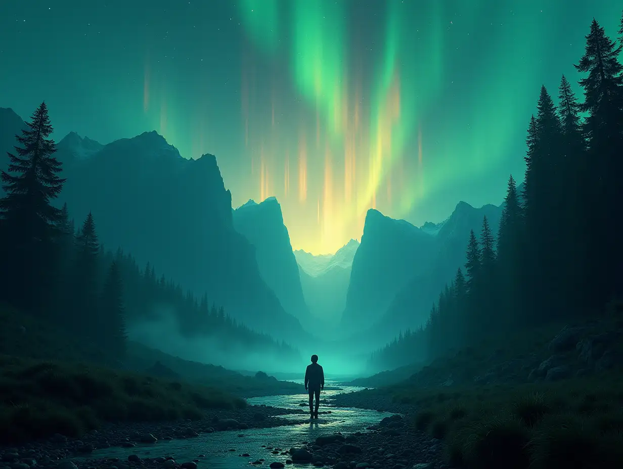 Create an ultra-dramatic, hyperrealistic 4K image of a vast natural landscape where mountains, forests, and rivers form perfectly symmetrical, intricate geometric patterns. The sky is illuminated by a mysterious glowing aurora that casts radiant beams onto the land, revealing fractal designs embedded in every surface. In the foreground, a lone figure stands dwarfed by the overwhelming scale, their posture reflecting awe and disbelief. Include high contrast lighting with vibrant hues of blue, green, and gold to enhance the supernatural atmosphere.