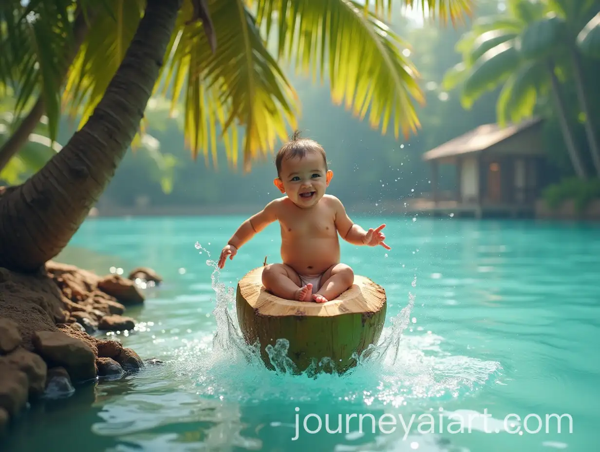 Baby-Jumping-Coconut-Tree-with-Fish-and-Crocodile-in-Tropical-Scene