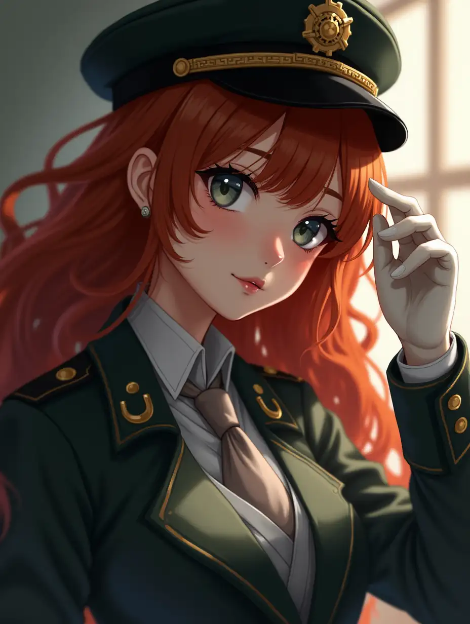 Curvy anime steampunk girl, ginger hair, close up, portrait, military, trench, cap, white gloves, grey eyes, long hair, poster portrait, gothic, intricate composition, artistic anime picture, volumetric light, atmospheric, from above light angle, masterpiece, dynamic angle, by Agnes Cecile