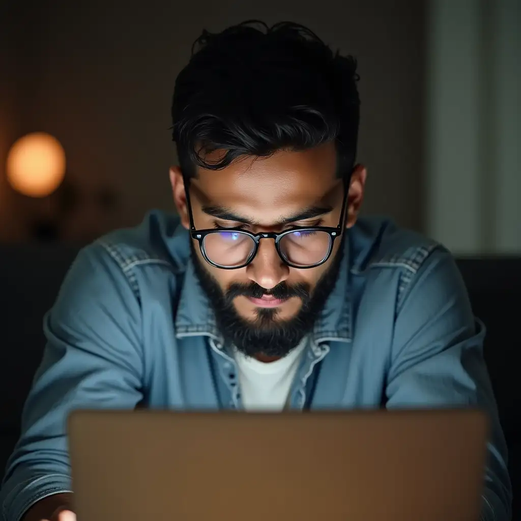 a handsome looking bearded Bangladeshi 28 years old boy who wears spectacles , thinking about growing his career by deep focusing on a laptop screen