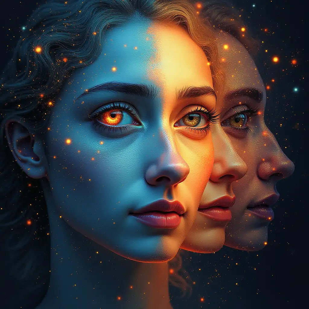 Celestial Faces Encircle Human Face in Vibrant Colors