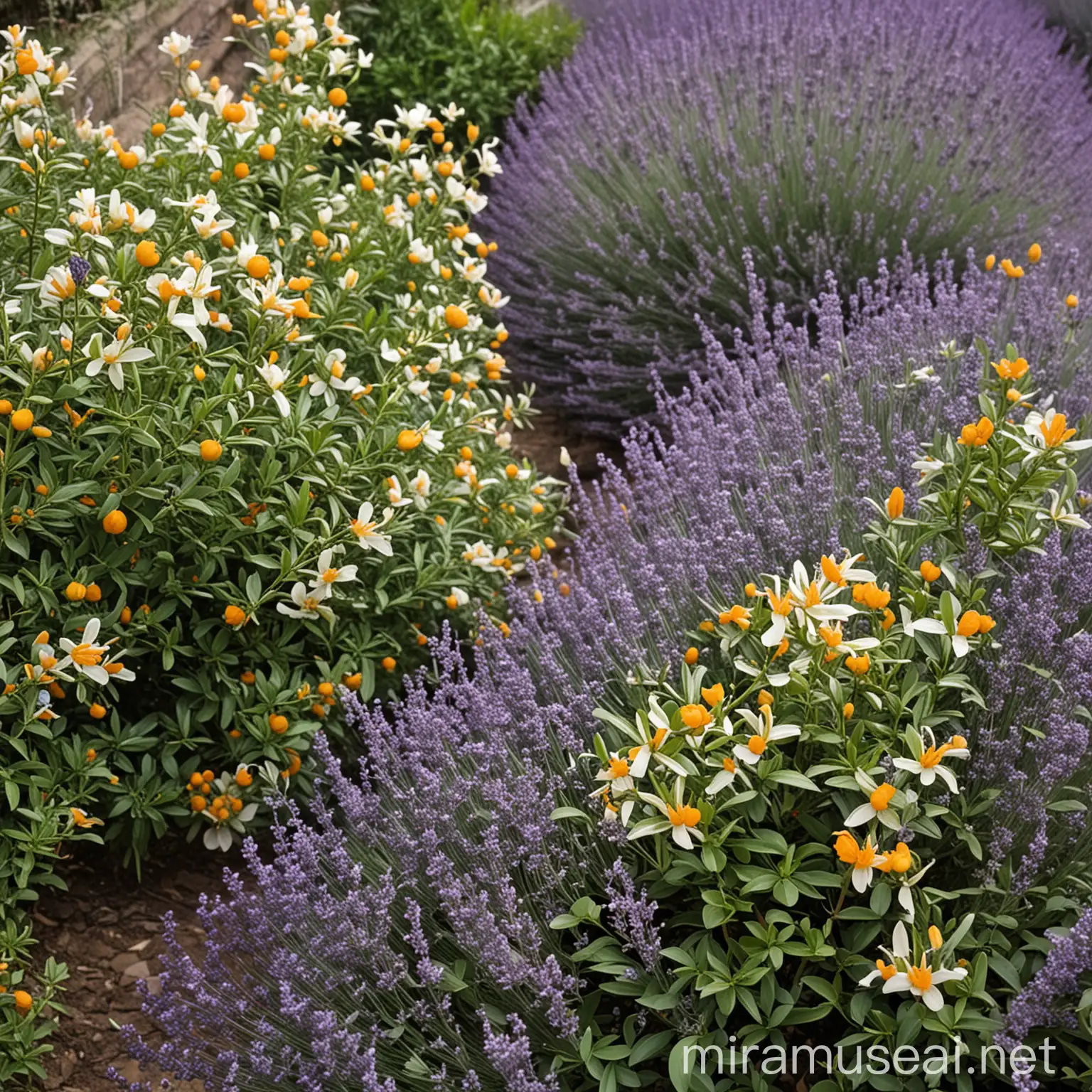 Neroli and Lavender Plants in a Serene Garden Setting