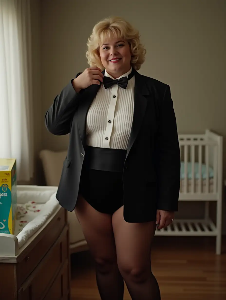 MiddleAged-Woman-in-Formal-Tuxedo-Standing-Next-to-Nursery-Changing-Table