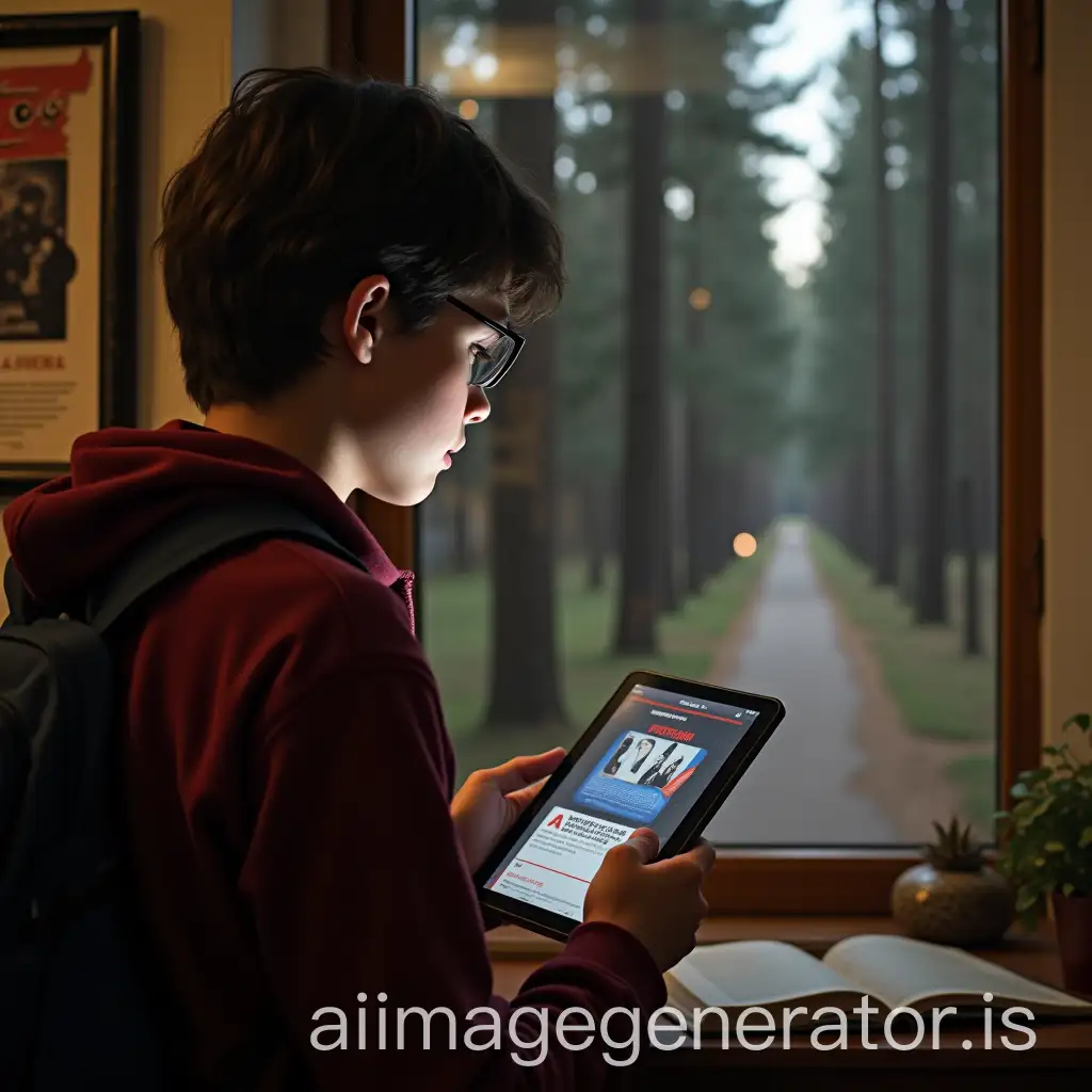 Amazed-Student-with-Glasses-Viewing-Tablet-with-Pulp-Fiction-Poster-and-Pine-Path-View