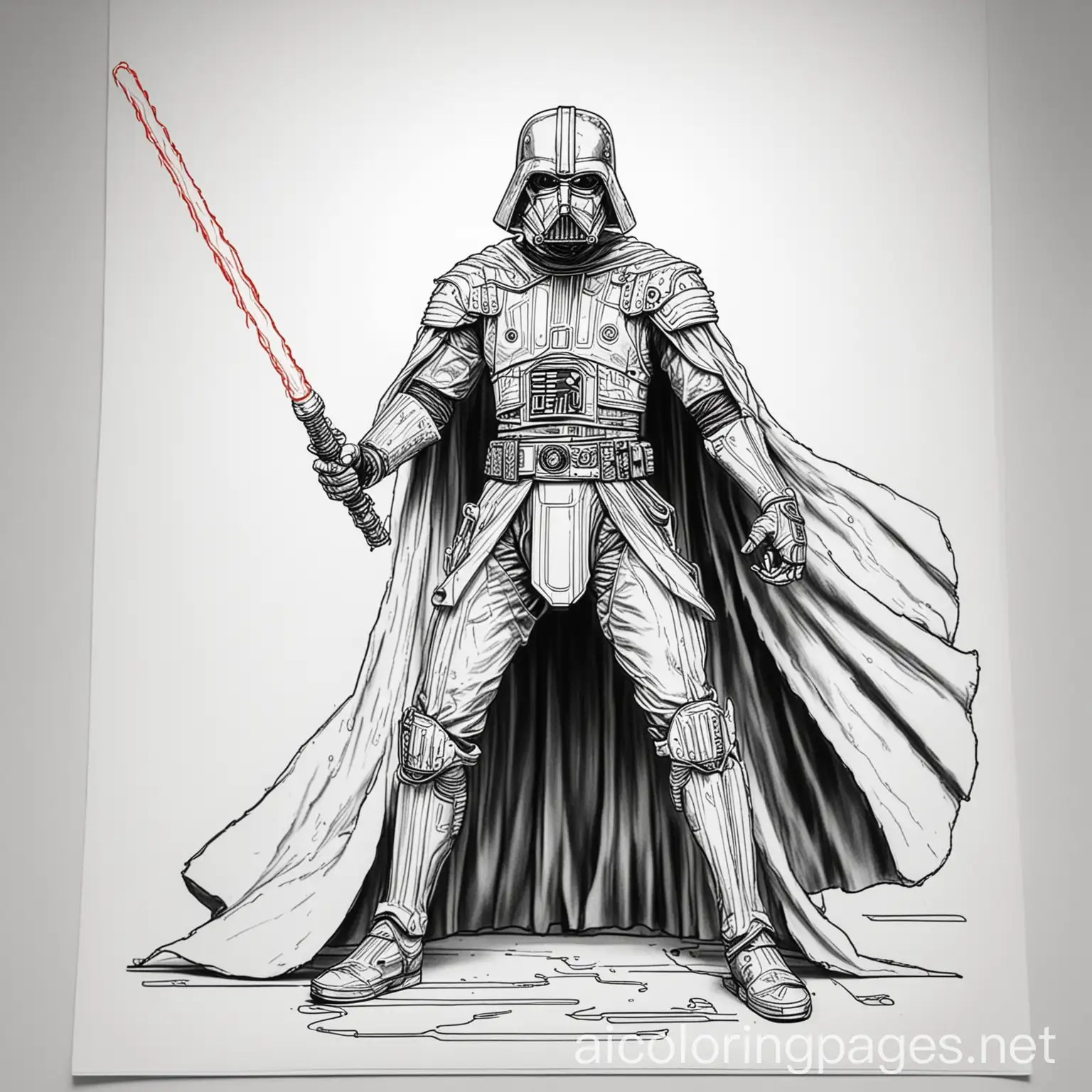 star wars emperor using lightsaber and electricity power, Coloring Page, black and white, line art, white background, Simplicity, Ample White Space. The background of the coloring page is plain white to make it easy for young children to color within the lines. The outlines of all the subjects are easy to distinguish, making it simple for kids to color without too much difficulty