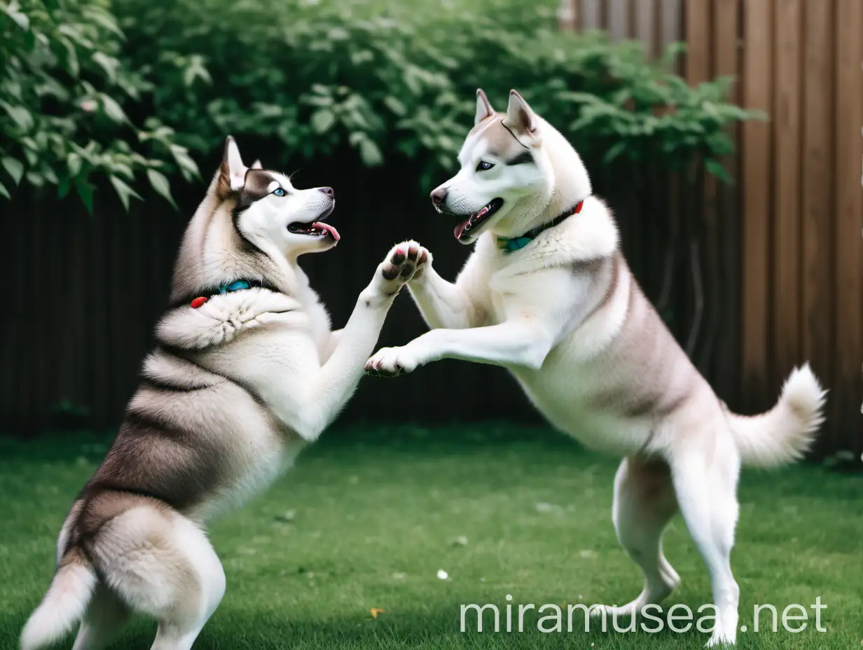 Siberian Husky Dog Playing with Bitch in Garden