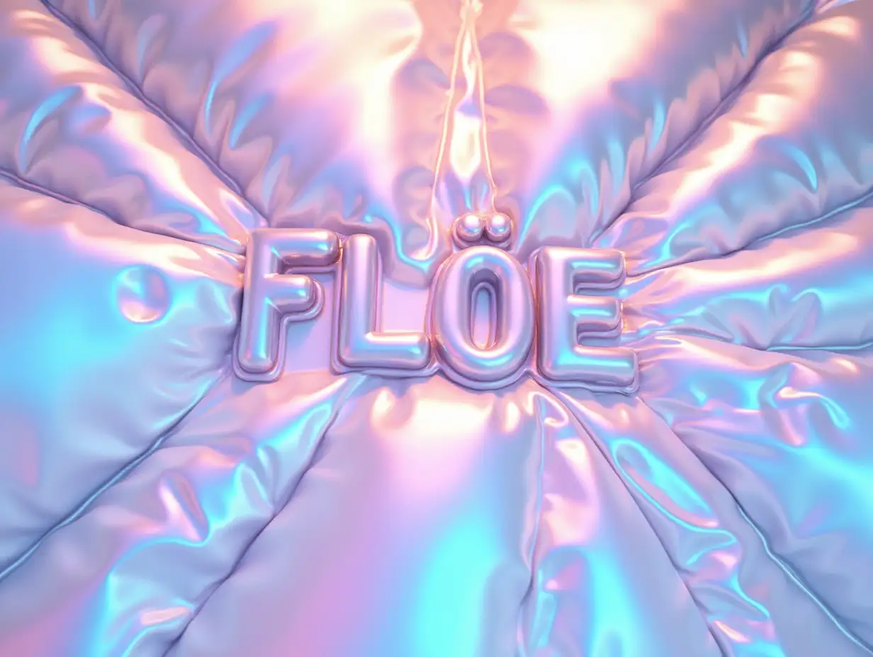 surreal, wavy generative image of a large inflated textile with inward-pointing cross seams. Centered is the text: FLÖ∆E in bold letters thats flat against the surface, with the inflated textile rised around it. The textile features an iridescent chrome foil vaporwave texture with a pastel rainbow refraction effect, low-saturation, low-key lighting