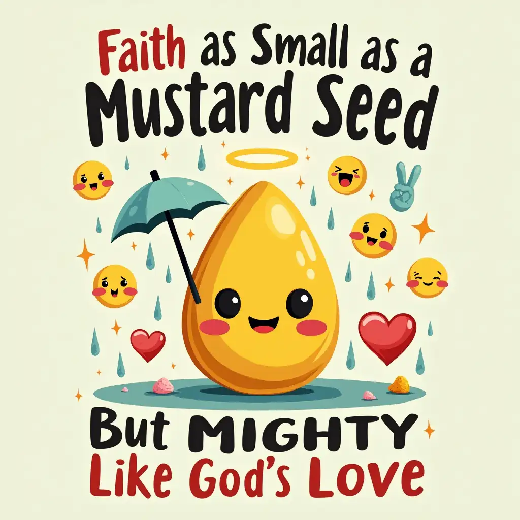 Design a playful illustration of a mustard seed, with a small, glowing halo above it. The seed is surrounded by cartoonish, smiling emojis and uplifting icons like hearts, peace signs, and a tiny umbrella shielding it from rain. Above the seed, include the phrase: 'Faith as Small as a Mustard Seed, but Mighty Like God’s Love.' The style should be vibrant, colorful, and fun—perfect for a t-shirt that inspires both humor and faith.