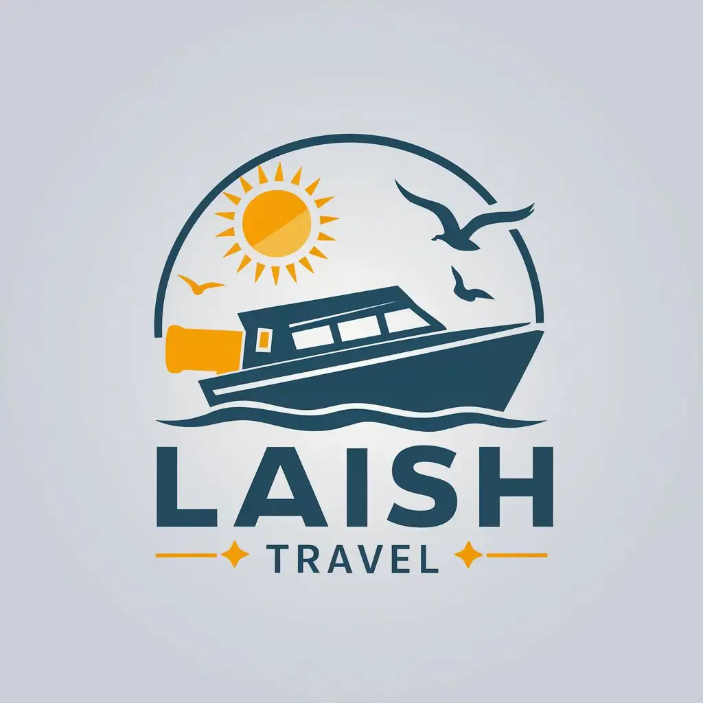 a vector logo design,with the text "Laish Travel ", main symbol:Motorboat, water, sun, seagulls,Moderate,clear background