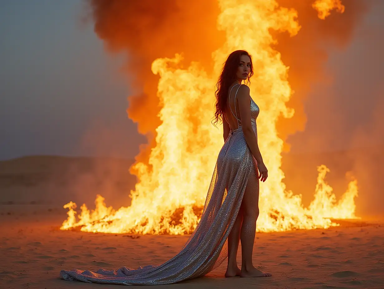 Woman-in-Iridescent-Robe-Standing-Next-to-FireBreathing-Art-Installation-at-Burning-Man