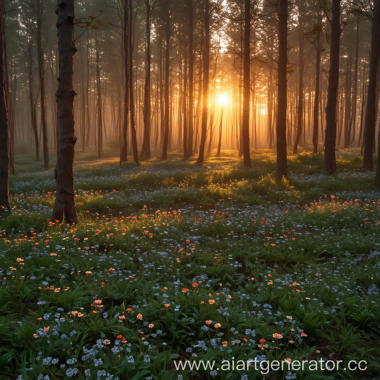 Serene-Forest-Dawn-with-Blooming-Flowers