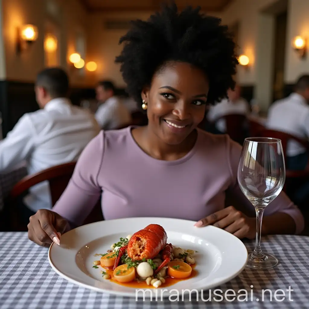 Surprised Black Woman Eating Gastronomic Lobster Dish in Restaurant