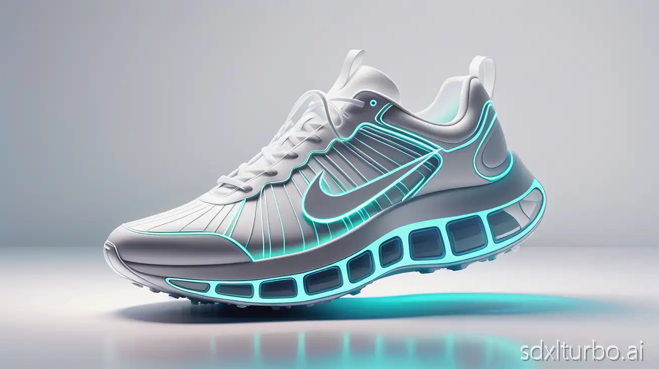 Futuristic AI-designed Nike sneaker, glowing lines and complex layered design, floating and rotating in white space, high-tech aesthetic, ethereal lighting, surreal detail
