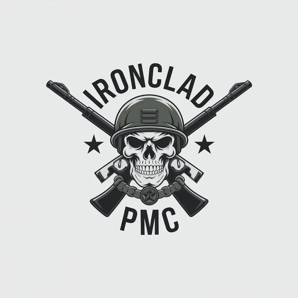 LOGO Design for Ironclad PMC Skull Rifle Badge Theme in Minimalistic Dark Style