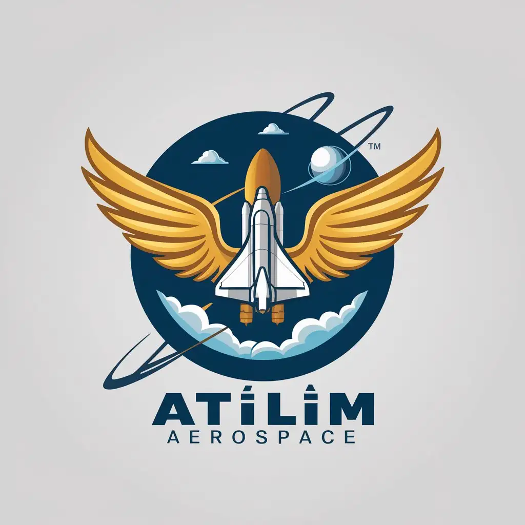 LOGO Design for Atlm Aerospace Golden Wings with Aircraft Engine and Space Shuttle Theme