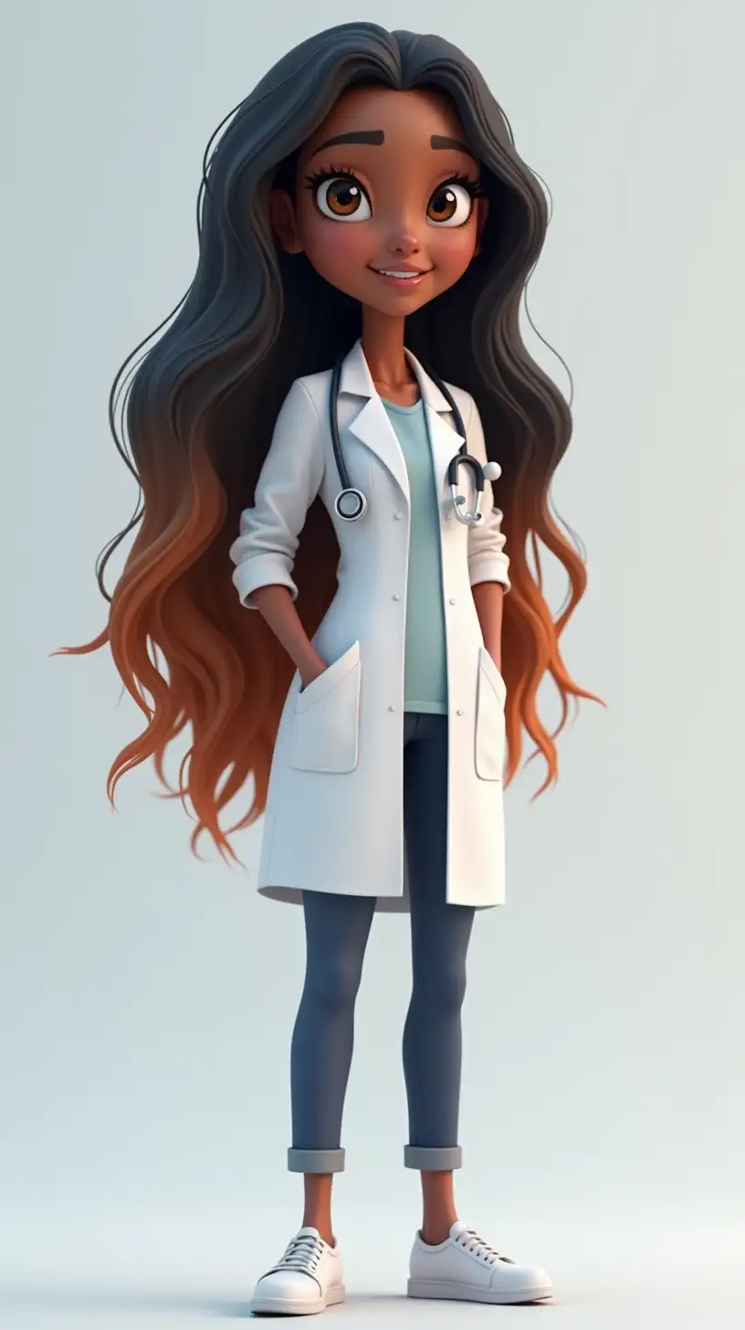 full-body, African-American, Female, Doctor, High-Def, Realistic, 3d, cartoon, with a long black and brown ombre colored hairstyle