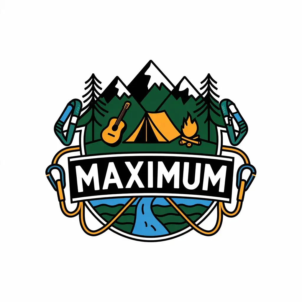 a vector logo design,with the text "Maximum", main symbol:Tent, guitar, campfire, mountains, river, ropes, carabiners,Moderate,be used in Travel industry,clear background