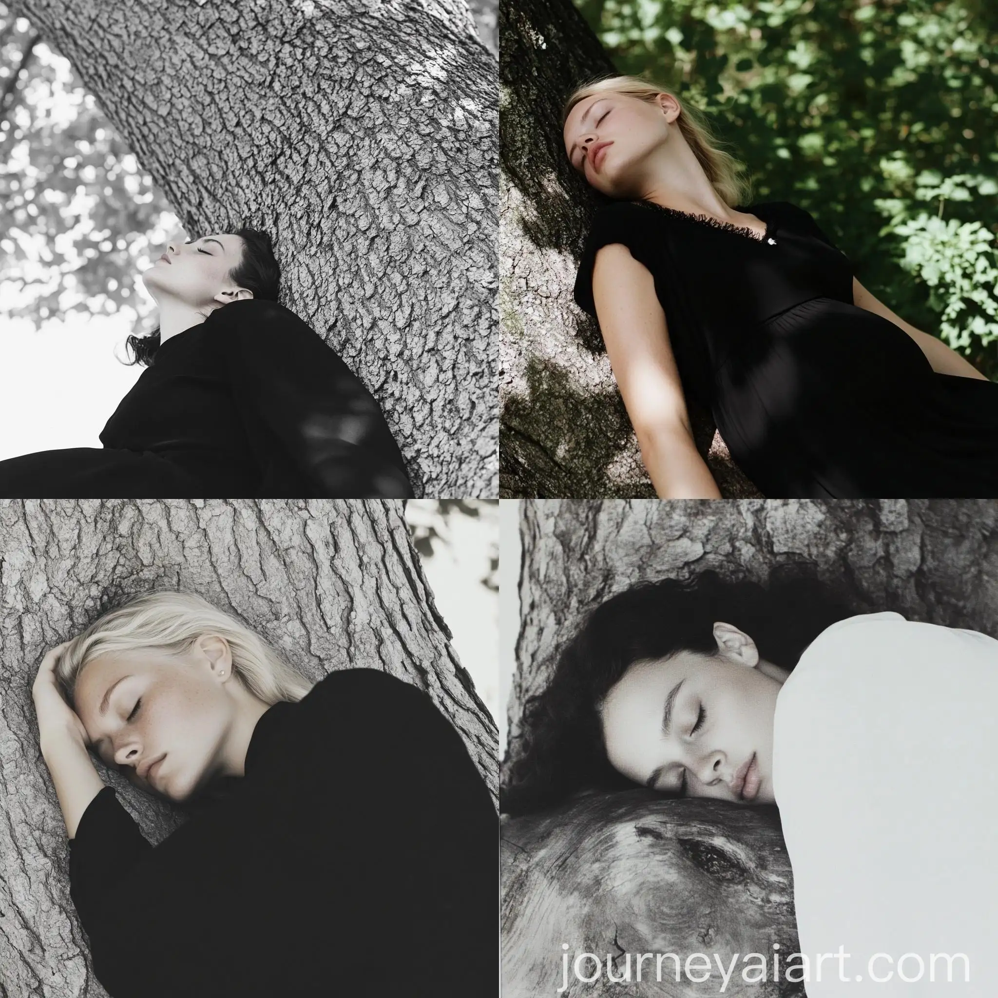 Girl-Resting-on-Tree-Branch-in-High-Mountains