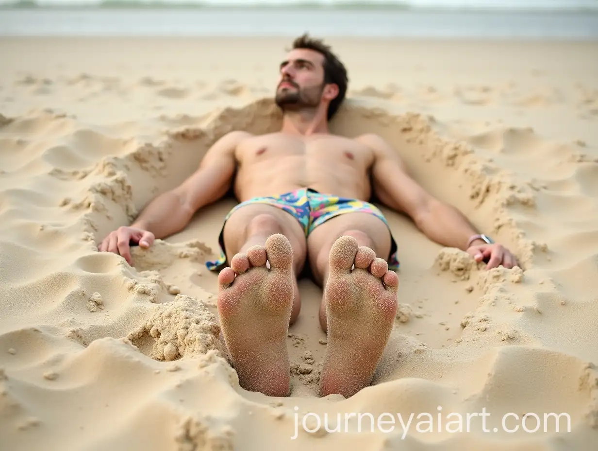 Man-Buried-in-Beach-Sand-with-Colorful-Flip-Flops
