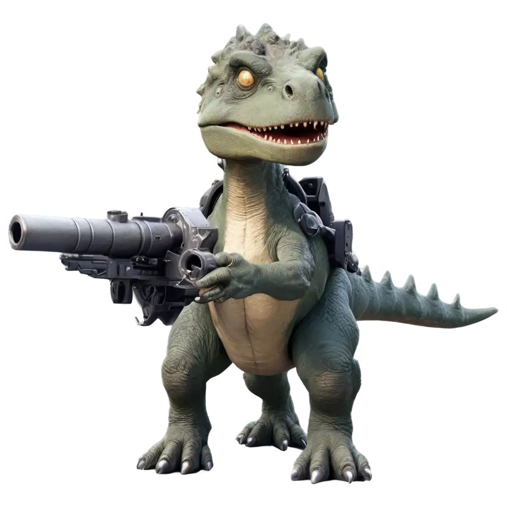 A dinosaur with a gatling gun on the arms