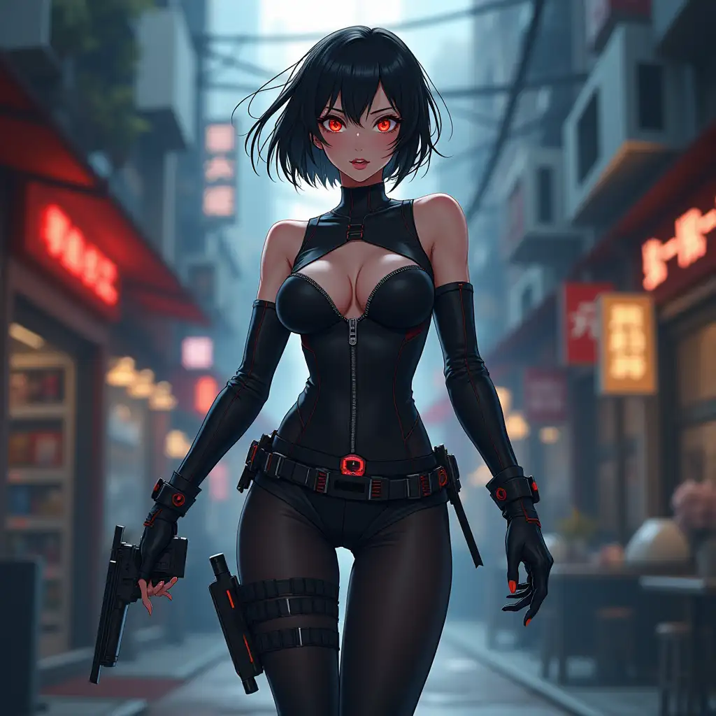 Short hair, mature Asian woman thief cyber runner in a dynamic full-length pose, eyes with red electronic pupils, large breast, extreme skintight body glove zipped down with cleavage, combat boots and combat belt. Full view of her body from boots up, low wide angle. Future store filled city alley street. Anime